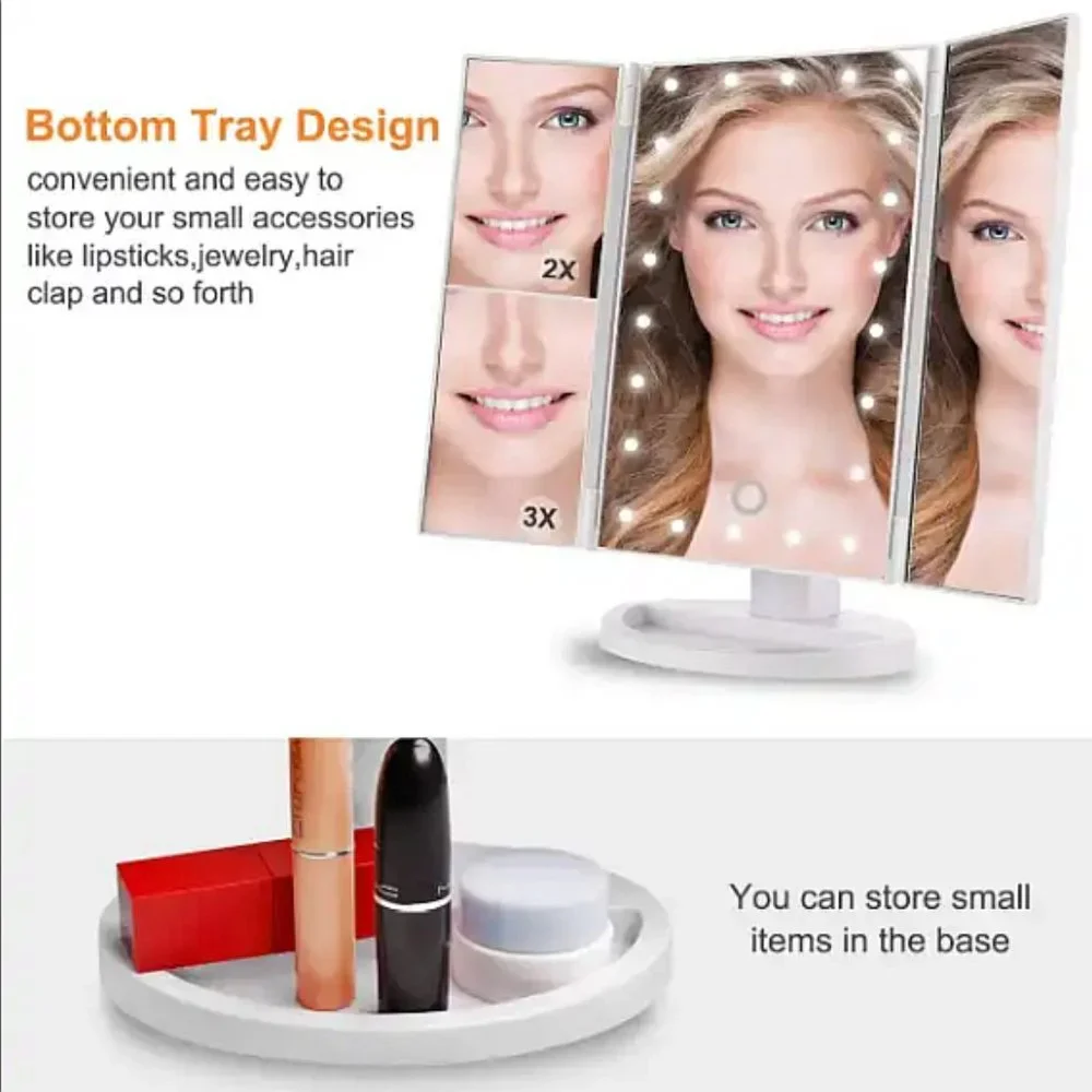 Nearly New White Tri-Fold Battery operated Lighted Mirror with USB power option